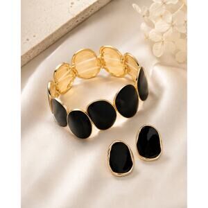 Black Stone Gold Tone Bracelet Earrings Set Chunky Statement Jewelry Last SET